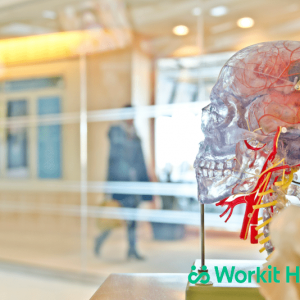 Model of a human skull in a museum. health problems caused by addiction