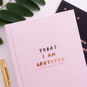 Gratitude journals and greenery on a pink background